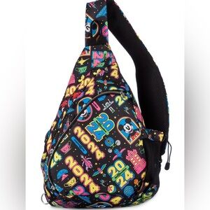 Disneyland 2024 black and neon multicolored parks print sling bag